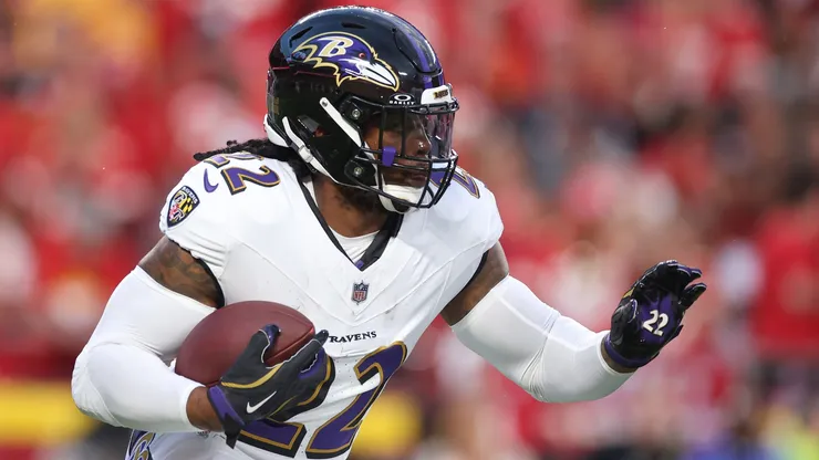 Derrick Henry #22 of the Baltimore Ravens warms up before taking on the Kansas City Chiefs at GEHA Field at Arrowhead Stadium on September 05, 2024 in Kansas City, Missouri.