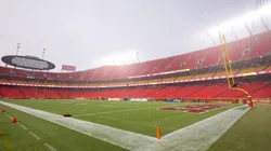 A general view of the field is seen as it rains during a weather delay due to inclement weather prior to the Kansas City Chiefs taking on the Baltimore Ravens at GEHA Field at Arrowhead Stadium on September 05, 2024 in Kansas City, Missouri.