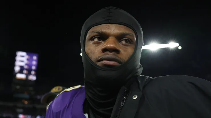 Lamar Jackson #8 of the Baltimore Ravens reacts after a 17-10 defeat against the Kansas City Chiefs in the AFC Championship Game at M&T Bank Stadium on January 28, 2024 in Baltimore, Maryland.