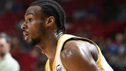 Bronny James Jr. #9 of the Los Angeles Lakers looks on against the Boston Celtics in the second half of an NBA Summer League game at the Thomas & Mack Center on July 15, 2024 in Las Vegas, Nevada. The Celtics defeated the Lakers 88-74.