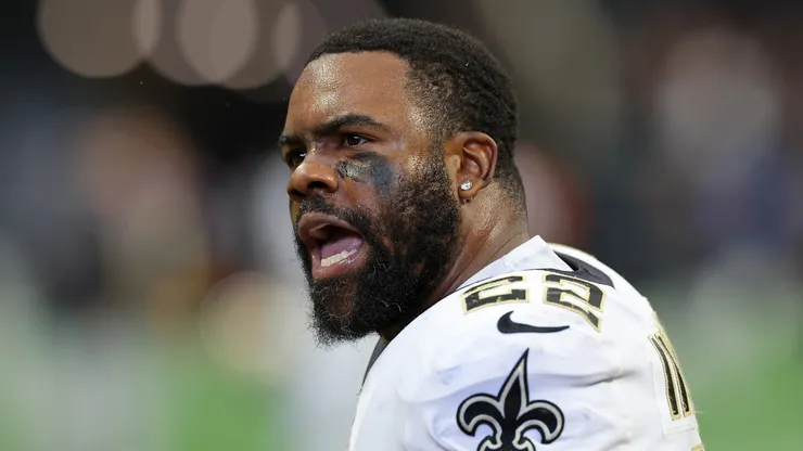 Mark Ingram II #22 of the New Orleans Saints reacts during the game against the Atlanta Falcons at Mercedes-Benz Stadium on September 11, 2022 in Atlanta, Georgia.