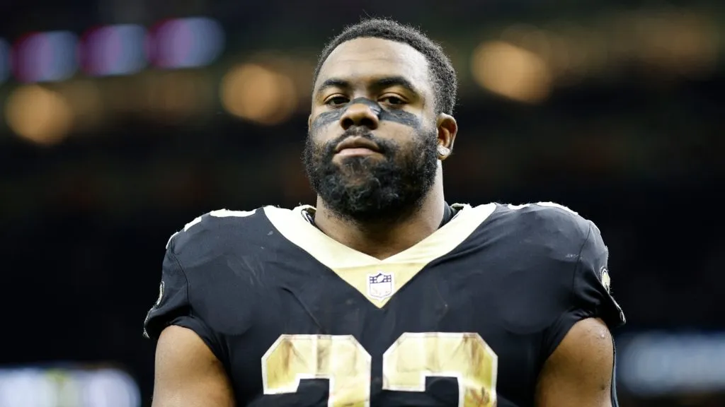 Mark Ingram II #22 of the New Orleans Saints reacts after defeating the Seattle Seahawks at Caesars Superdome on October 09, 2022 in New Orleans, Louisiana.