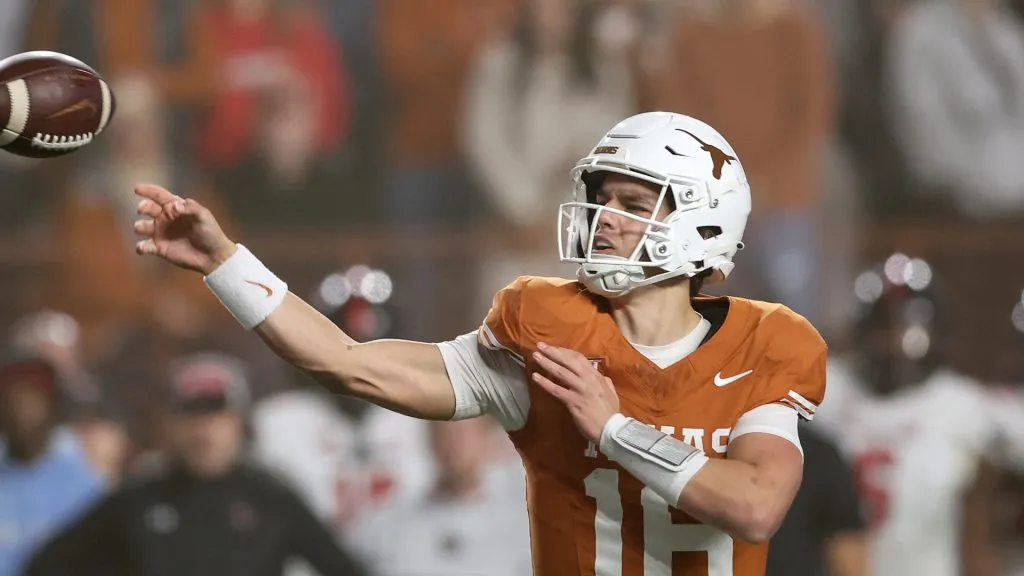 Arch Manning #16 of the Texas Longhorns throws a pass in the fourth quarter against the Texas Tech Red Raiders at Darrell K Royal-Texas Memorial Stadium on November 24, 2023 in Austin, Texas.