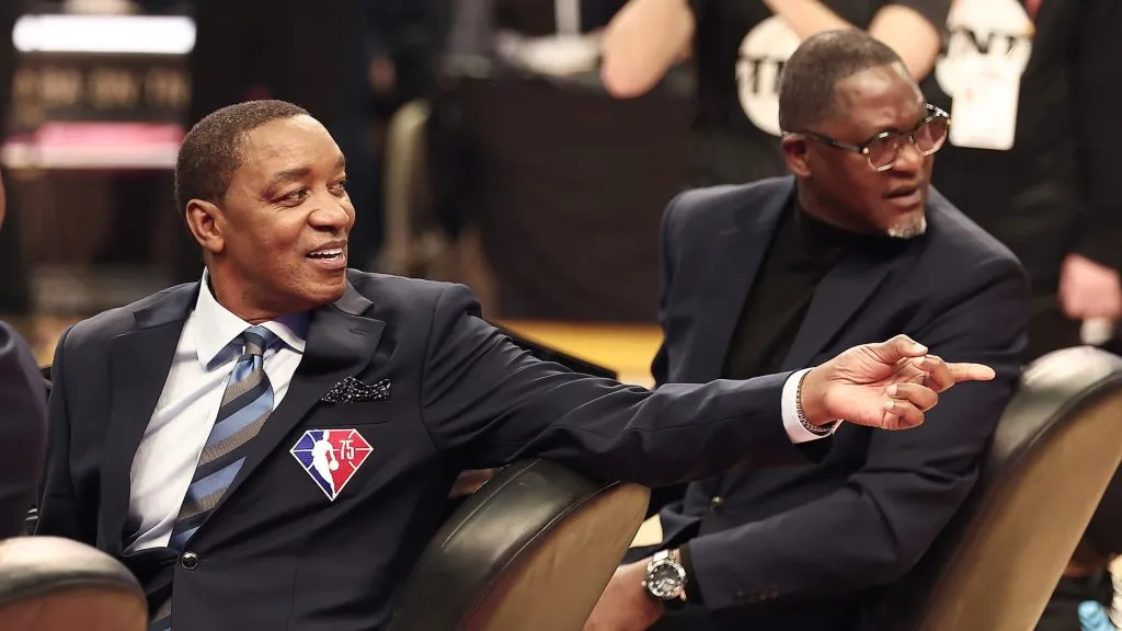 NBA legends Isiah Thomas and Dominique Wilkins attend the AT&amp;T Slam Dunk Contest as part of the 2022 NBA All Star Weekend at Rocket Mortgage Fieldhouse on February 19, 2022 in Cleveland, Ohio. (Photo by Arturo Holmes/Getty Images)