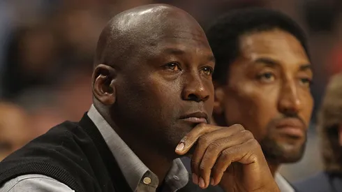 Former players Michael Jordan and Scottie Pippen of the Chicago Bulls watch as the Bulls take on the Charlotte Bobcats at the United Center.
