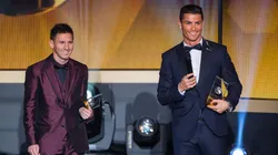 FIFA Ballon d'Or nominees Lionel Messi of Argentina and FC Barcelona (L) and Cristiano Ronaldo of Portugal and Real Madrid smile during the FIFA Ballon d'Or Gala 2014 at the Kongresshaus on January 12, 2015 in Zurich, Switzerland.