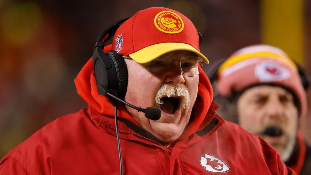 Head coach Andy Reid of the Kansas City Chiefs reacts during the AFC Wild Card Playoffs against the Miami Dolphins at GEHA Field at Arrowhead Stadium on January 13, 2024 in Kansas City, Missouri.