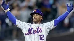 Francisco Lindor #12 of the New York Mets reacts at second base after his eighth inning RBI double against the Boston Red Sox at Citi Field on September 03, 2024 in New York City.