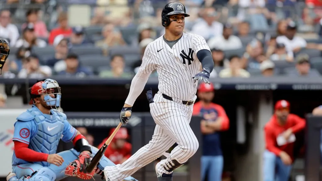 Juan Soto #22 of the New York Yankees follows through on his ninth inning double against the St. Louis Cardinals at Yankee Stadium on August 31, 2024 in New York City. (Photo by Jim McIsaac/Getty Images)