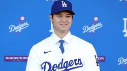 Shohei Ohtani is introduced by the Los Angeles Dodgers at Dodger Stadium on December 14, 2023 in Los Angeles, California.