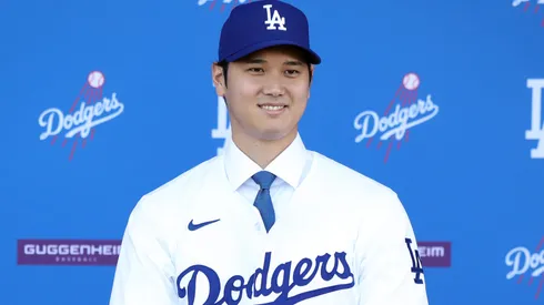 Shohei Ohtani is introduced by the Los Angeles Dodgers at Dodger Stadium on December 14, 2023 in Los Angeles, California.