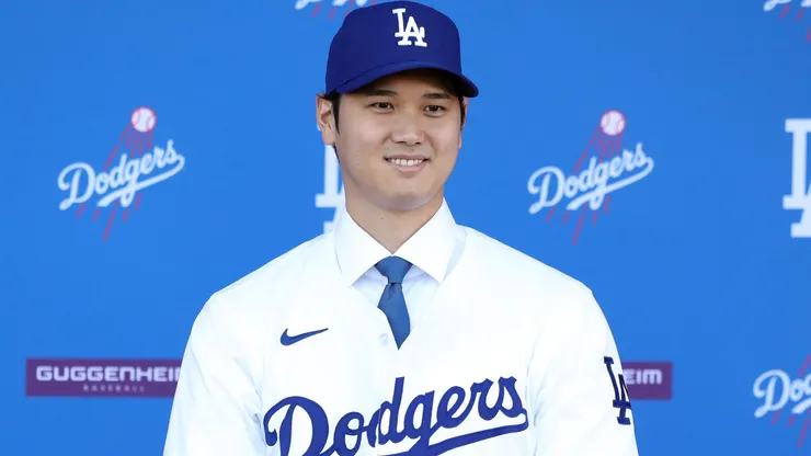 Shohei Ohtani is introduced by the Los Angeles Dodgers at Dodger Stadium on December 14, 2023 in Los Angeles, California.