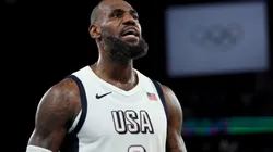 LeBron James #6 of Team United States reacts during a Men's basketball semifinals match between Team United States and Team Serbia on day thirteen of the Olympic Games Paris 2024 at Bercy Arena on August 08, 2024 in Paris, France.
