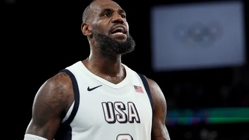 LeBron James #6 of Team United States reacts during a Men's basketball semifinals match between Team United States and Team Serbia on day thirteen of the Olympic Games Paris 2024 at Bercy Arena on August 08, 2024 in Paris, France.