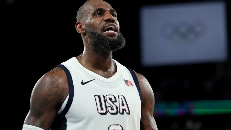 LeBron James #6 of Team United States reacts during a Men's basketball semifinals match between Team United States and Team Serbia on day thirteen of the Olympic Games Paris 2024 at Bercy Arena on August 08, 2024 in Paris, France.