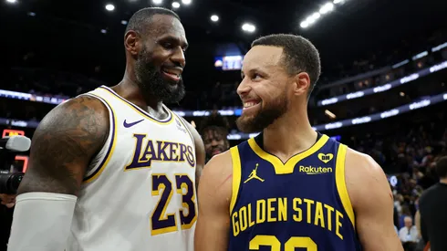 LeBron James #23 of the Los Angeles Lakers and Stephen Curry #30 of the Golden State Warriors talk to each other after the Lakers beat the Warriors.