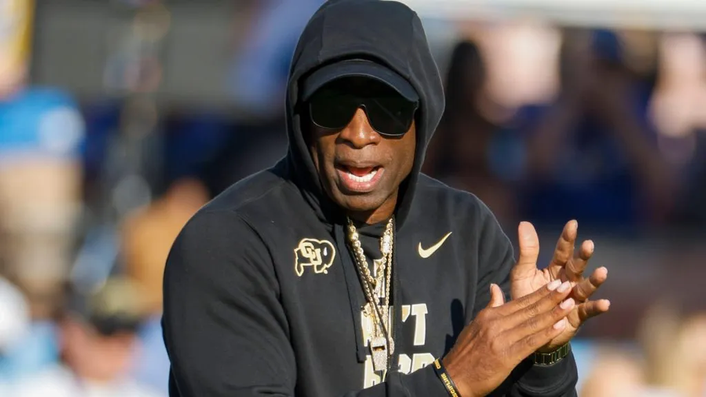 Colorado head coach Deion Coach Prime Sanders watches during a warm up before an NCAA, College League, USA college football game between the UCLA and the Colorado, Oct. 28, 2023, in Pasadena, Calif.
