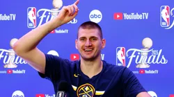 Nikola Jokic #15 of the Denver Nuggets speaks with media after a 94-89 victory against the Miami Heat in Game Five of the 2023 NBA Finals to win the NBA Championship at Ball Arena.