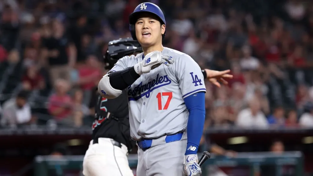 Shohei Ohtani #17 of the Los Angeles Dodgers reacts after striking out during the ninth inning against the Arizona Diamondbacks at Chase Field on September 02, 2024 in Phoenix, Arizona. (Photo by Chris Coduto/Getty Images)