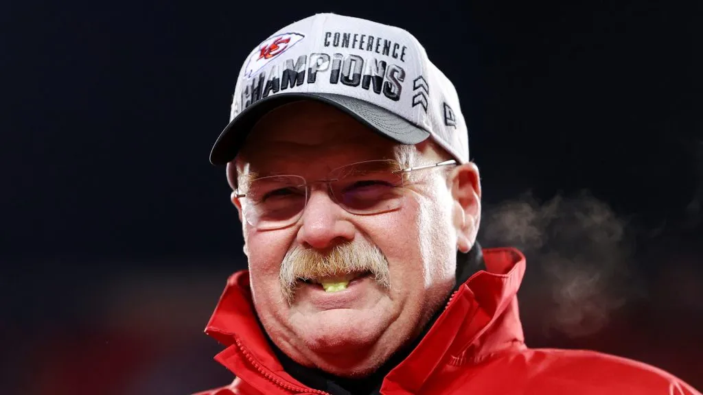 Head coach Andy Reid of the Kansas City Chiefs celebrates after defeating the Cincinnati Bengals 23-20 in the AFC Championship Game at GEHA Field at Arrowhead Stadium on January 29, 2023 in Kansas City, Missouri.