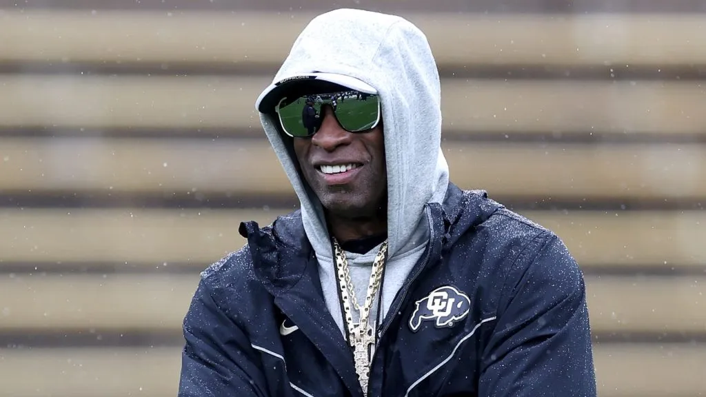 Head coach Deion Sanders of the Colorado Buffaloes watches as his team warms-up prior to their spring game at Folsom Field on April 27, 2024 in Boulder, Colorado.