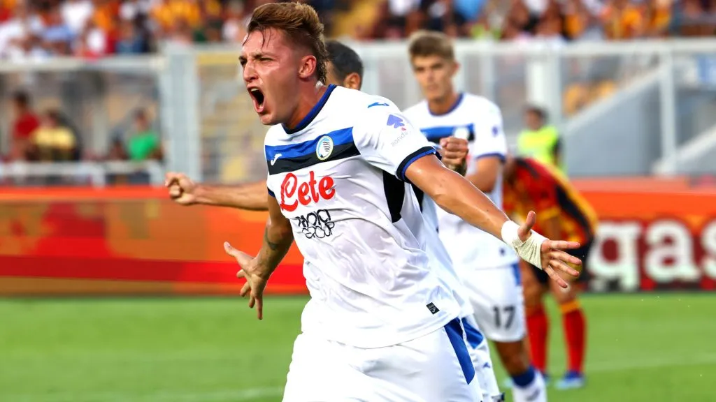Mateo Retegui of Atalanta celebrates after scoring his team’s second goal during the Serie A match between Lecce and Atalanta. Maurizio Lagana/Getty Images