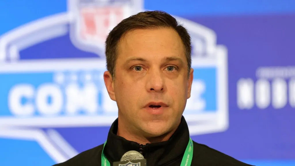 General manager Brett Veach of the Kansas City Chiefs speaks to the media during the NFL Combine at the Indiana Convention Center on February 27, 2024 in Indianapolis, Indiana.