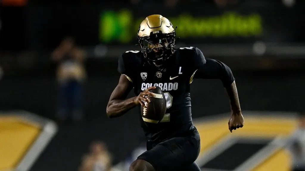 Quarterback Shedeur Sanders #2 of the Colorado Buffaloes scrambles in the fourth quarter against the Colorado State Rams at Folsom Field on September 16, 2023 in Boulder, Colorado.