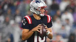 Drake Maye #10 of the New England Patriots looks to make a pass during the first quarter of a preseason game against the Carolina Panthers at Gillette Stadium on August 08, 2024 in Foxborough, Massachusetts.
