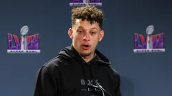 Quarterback Patrick Mahomes #15 of the Kansas City Chiefs answers questions during a news conference for the winning head coach and MVP of Super Bowl LVIII at the Mandalay Bay Convention Center on February 12, 2024 in Las Vegas, Nevada.