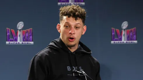 Quarterback Patrick Mahomes #15 of the Kansas City Chiefs answers questions during a news conference for the winning head coach and MVP of Super Bowl LVIII at the Mandalay Bay Convention Center on February 12, 2024 in Las Vegas, Nevada.