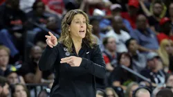 Head coach Stephanie White of the Connecticut Sun gestures in the third quarter of a game against the Las Vegas Aces