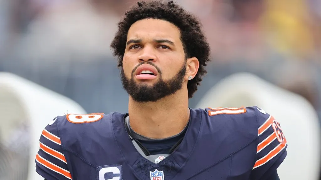 Caleb Williams #18 of the Chicago Bears reacts against the Los Angeles Rams at Soldier Field on September 29, 2024. (Source: Michael Reaves/Getty Images)