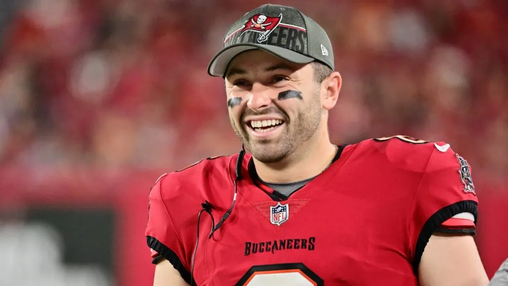 Baker Mayfield #6 of the Tampa Bay Buccaneers looks on from the sidelines during the second half of a preseason game against the Baltimore Ravens in 2023. (Source: Julio Aguilar/Getty Images)