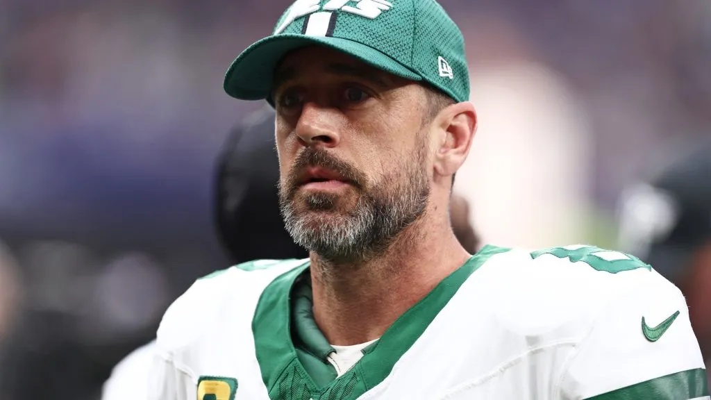 Aaron Rodgers of New York Jets looks on during the NFL match between New York Jets and Minnesota Vikings at Tottenham Hotspur Stadium on October 06, 2024. (Source: Naomi Baker/Getty Images)