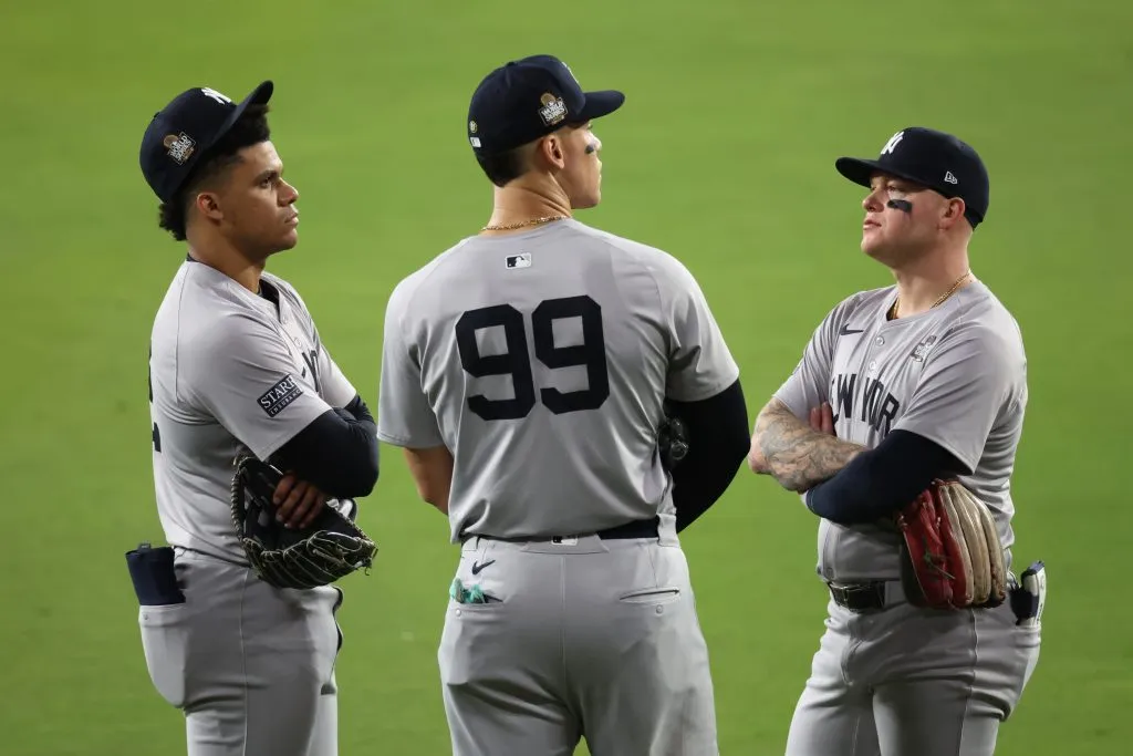 Juan Soto #22, Aaron Judge #99 and Alex Verdugo #24 of the New York Yankees