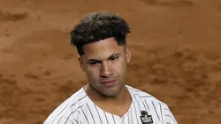 Gleyber Torres #25 of the New York Yankees reacts after striking out in the seventh inning against the Los Angeles Dodgers during Game Three of the 2024 World Series at Yankee Stadium on October 28, 2024 in the Bronx borough of New York City.