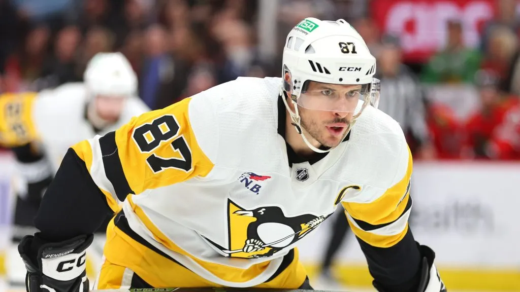 Sidney Crosby #87 of the Pittsburgh Penguins looks on against the Chicago Blackhawks during the third period at the United Center on February 15, 2024 in Chicago, Illinois.