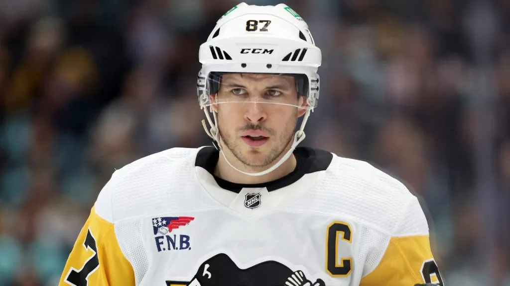 Sidney Crosby #87 of the Pittsburgh Penguins looks on during the first period Kraken at Climate Pledge Arena on February 29, 2024 in Seattle, Washington.