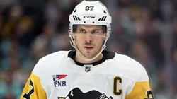 Sidney Crosby #87 of the Pittsburgh Penguins looks on during the first period Kraken at Climate Pledge Arena on February 29, 2024 in Seattle, Washington.