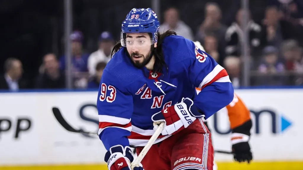 Mika Zibanejad #93 of the New York Rangers carries the puck during the second period against the Philadelphia Flyers at Madison Square Garden on April 11, 2024 in New York City.