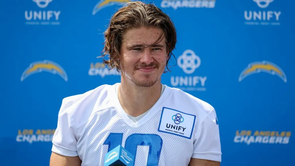 Justin Herbert #10 of the Los Angeles Charger speaks with the media during training camp at Jack Hammett Sports Complex on July 27, 2022. (Source: Scott Taetsch/Getty Images)