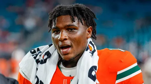 Miami Hurricanes quarterback Cam Ward (1) on the sidelines in the second half against the Ball State Cardinals at Hard Rock Stadium in Miami Gardens, Florida, on Saturday, Sept. 14, 2024.