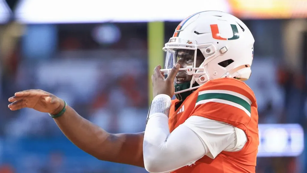 Quarterback Cam Ward #1 of the Miami Hurricanes celebrates a touchdown against the Ball State Cardinals during the first half at Hard Rock Stadium on September 14, 2024 in Miami Gardens, Florida.
