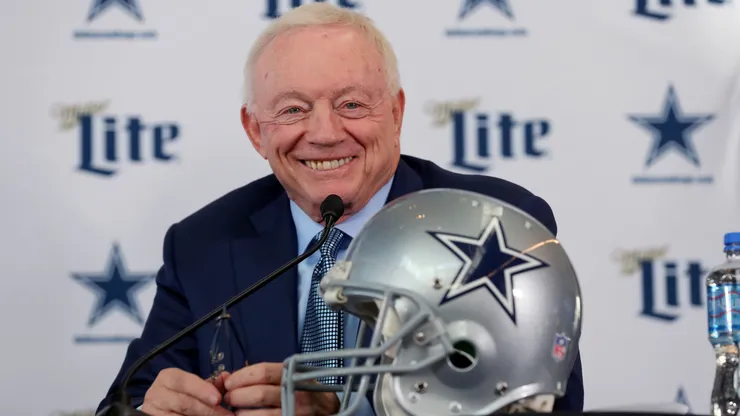 Team owner Jerry Jones of the Dallas Cowboys talks with the media during a press conference at the Ford Center at The Star on January 08, 2020.