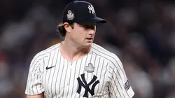 Gerrit Cole #45 of the New York Yankees reacts after Teoscar Hernández #37 of the Los Angeles Dodgers hit a two-RBI double during the fifth inning of Game Five of the 2024 World Series at Yankee Stadium on October 30, 2024 in the Bronx borough of New York City.