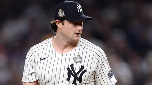 Gerrit Cole #45 of the New York Yankees reacts after Teoscar Hernández #37 of the Los Angeles Dodgers hit a two-RBI double during the fifth inning of Game Five of the 2024 World Series at Yankee Stadium on October 30, 2024 in the Bronx borough of New York City.