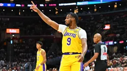 Bronny James #9 of the Los Angeles Lakers signals to a teammate during the fourth quarter against the Cleveland Cavaliers at Rocket Mortgage Fieldhouse on October 30, 2024 in Cleveland, Ohio. The Cavaliers defeated the Lakers 134-110.