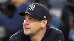Manager Aaron Boone #17 of the New York Yankees watches during batting practice ahea of Game Four of the 2024 World Series at Yankee Stadium on October 29, 2024 in New York City.