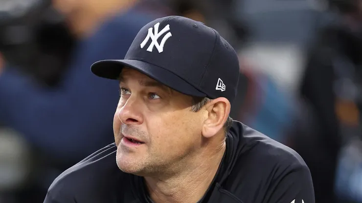 Manager Aaron Boone #17 of the New York Yankees watches during batting practice ahea of Game Four of the 2024 World Series at Yankee Stadium on October 29, 2024 in New York City.